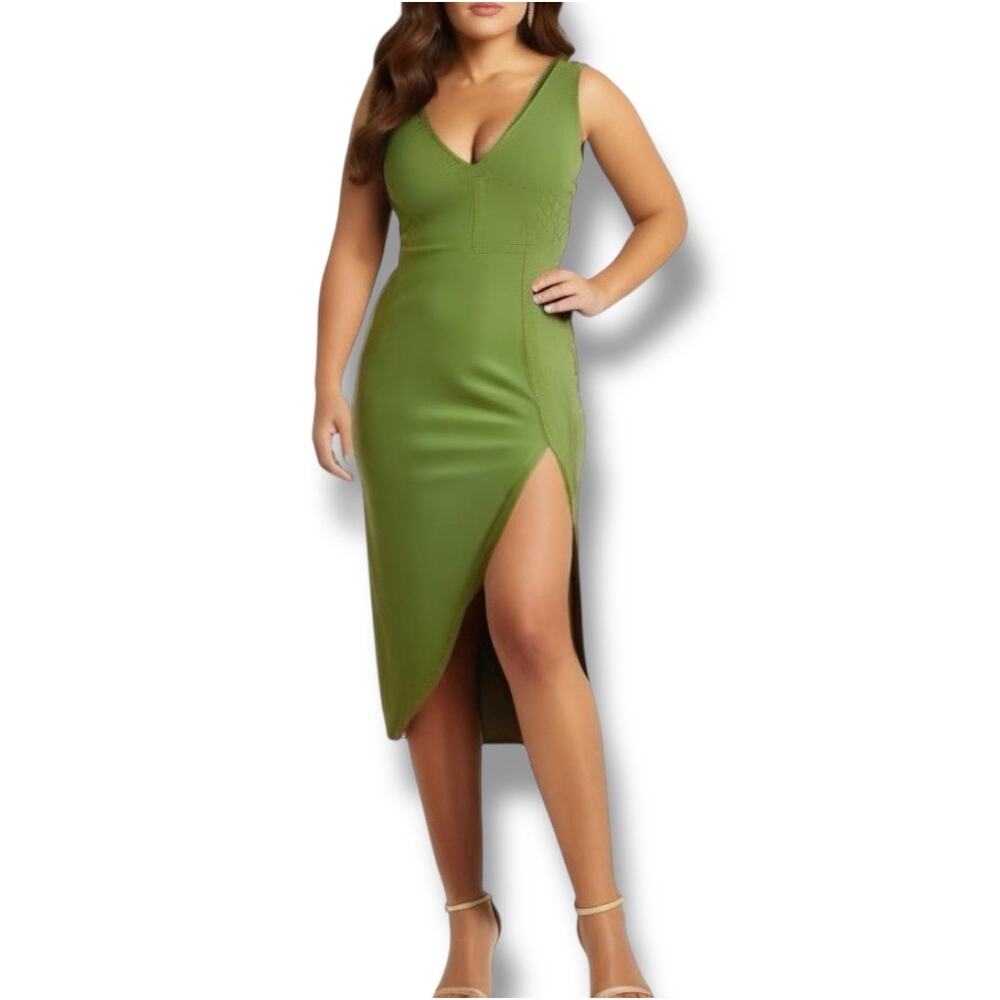 Abercrombie & Fitch Sz XXL Plunge Neck Midi Dress Green High‎ Slit Wedding Guest